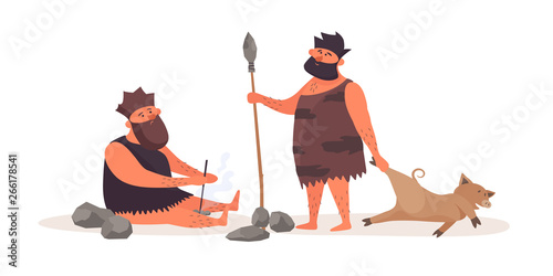 Primitive man produces fire by friction. A prehistoric man with a spear, dressed in pelt, brought booty from the hunt. The life of Neanderthals and cavemen. Vector flat illustration.