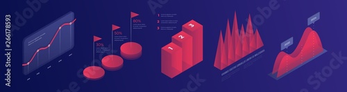 Set of colorful infographic vector elements: presentation graphics, statistics of data and diagrams. 3d isometric design. Perfect for banner, website, presentation and promotional materials.