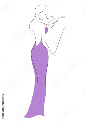 Silhouette of a beautiful lady in an evening long purple dress. The girl is slim and elegant. A woman plays the violin, she is a musician, a violinist. Vector illustration