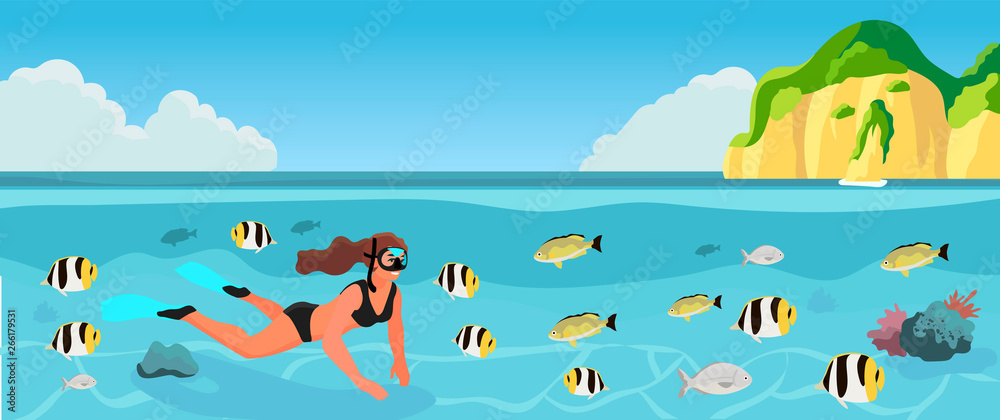 A beautiful woman diving into the sea and watching sea fish. Creative banner, flyer, landing page, blog post for travel agency or tour operator. A beautiful woman diving into the sea and watching sea fish. Creative banner, flyer, landing page, blog post for travel agency or tour operator.