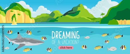 A beautiful tropic landscape with a lagoon and underwater view on a sea life. Creative banner, flyer, card or landing page for a travel agency or tour operator. Summer theme background or wallpaper.