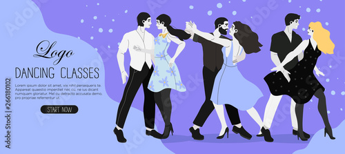 Vector illustration of a dancers at a rehearsal practicing new choreography for the dancing competition. Creative banner, flyer or landing page for a dance studio or ballroom dance classes.