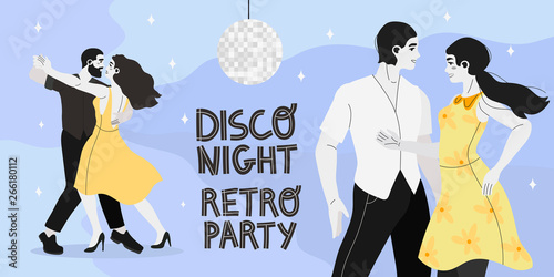 Vector illustration of a dancing people at a retro dance club. Young couple practicing at a dance studio or ballroom dance classes. Creative banner, poster, flyer or blog post. Disco night party.