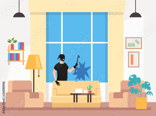 Home house burglar thief man character broken window and get to house. Vector design flat graphic cartoon illustration