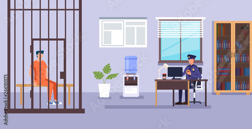 Policeman character working. Police department low system concept. Vector design flat graphic cartoon illustration
