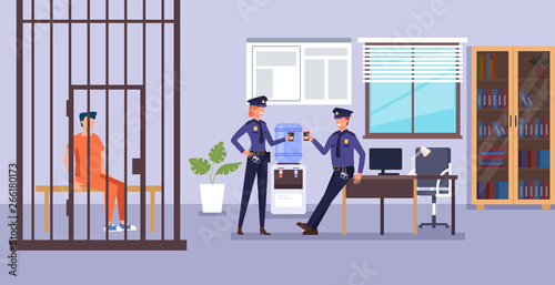 Fototapeta Naklejka Na Ścianę i Meble -  Police man character drinking coffee and talk. Police department low system concept. Vector design flat graphic cartoon illustration