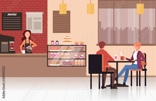 People visitors sitting on table and drinking coffee tea in coffee shop cafe. Street food concept. Vector design flat graphic cartoon illustration
