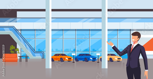 Sale seller man character present new cars. Transport shop store concept. Vector design flat graphic cartoon illustration