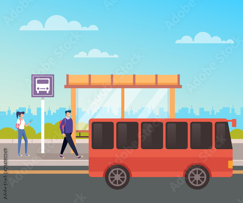 People passenger waiting bus. City urban transportation concept. Vector design flat graphic cartoon illustration