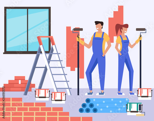 Two people man and woman characters making repair apartment renovation. Construction concept. Vector design flat graphic cartoon illustration