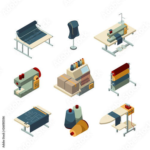 Sewing isometric. Garment embroidery production textile manufacturing vector pictures set. Illustration of equipment for tailoring and sewing, dressmaking machine