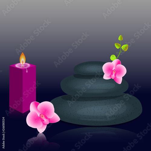 Template for spa salon with orchids and candles, cosmetics, massage advertising