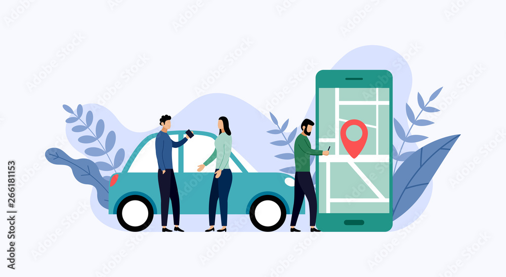Car sharing service, mobile city transportation, business concept vector illustration - obrazy, fototapety, plakaty 
