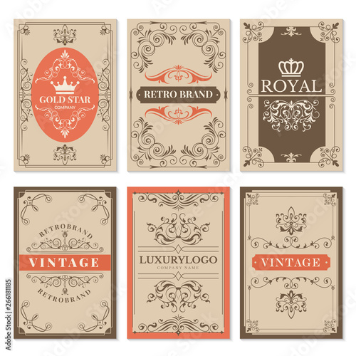 Vintage cards. Floral filigree classic victorian ornaments and frames for labels vector design template with text. Illustration of victorian style for invitation or menu