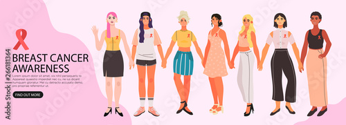 Vector illustration of diverse women holding hands and supporting each other. Breast cancer awareness banner, flyer, landing page or blog post.