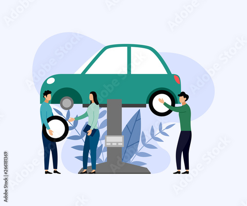 Car service and repair, workers fixing car, business concept vector illustration