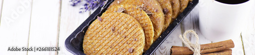 Horizontal panorama bakground of viennese wafers with caramel