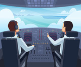 Airplane cockpit. Pilots sitting front of dashboard aircraft inside vector cartoon illustrations. Captain pilit flight, dashboard plane in cockpit