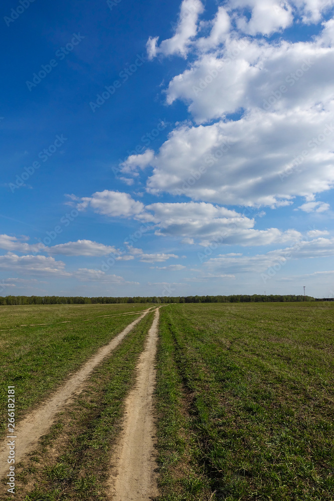 Green field with country road, and blue sky with clouds. Beautiful rural landscape Green field with country road, and blue sky with clouds. Beautiful rural landscape