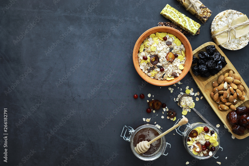 Healthy breakfast. Muesli from cereals with milk berries.