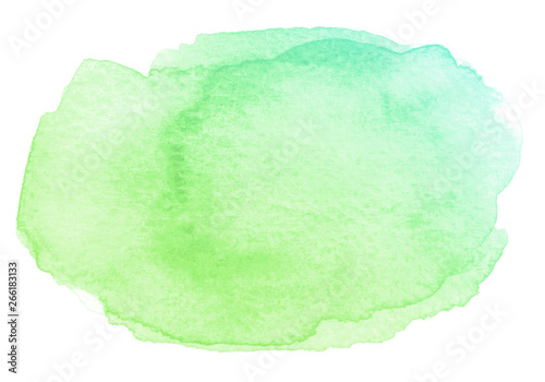 Watercolor abstract green brush stroke with stains and paper texture on white background.