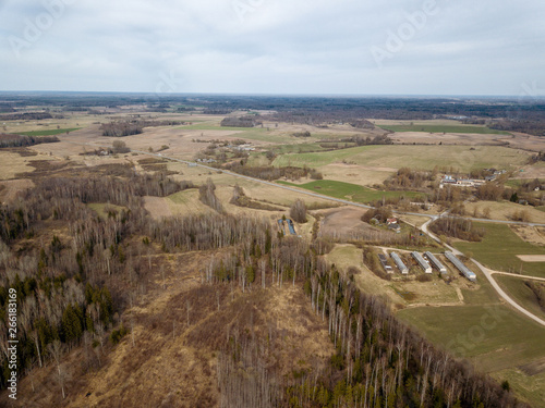 aerial view of rural area and roads in spring