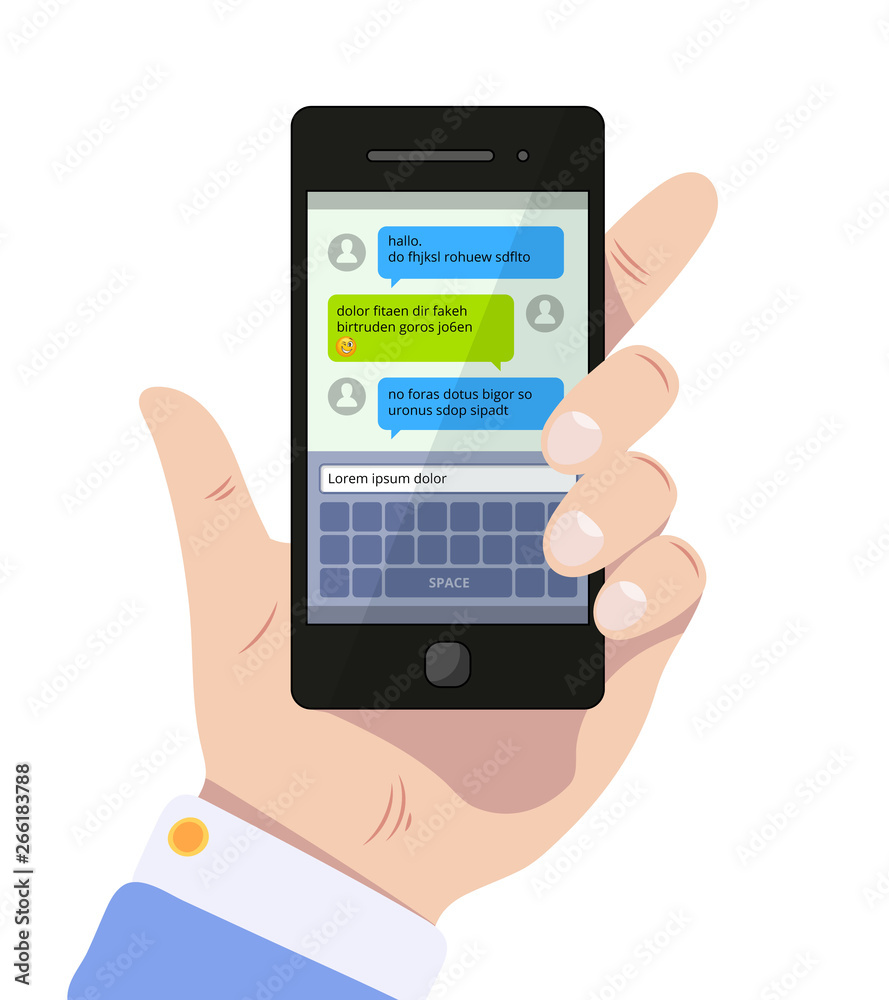 Messenger screen. Mobile text messages in speak bubbles online communication chatting app vector concept. Communication speech chat online, chatting mobile illustration Messenger screen. Mobile text messages in speak bubbles online communication chatting app vector concept. Communication speech chat online, chatting mobile illustration