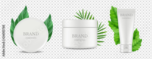 Vector organic cosmetics tube and tube boxes with green leaves vector isolated on transparent background. Illustration of beauty cream moisturizer, package product box, container cosmetic