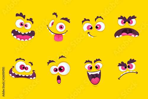 Cartoon faces. Emotions smirk expressions, smile mouth with teeth and scared eyes characters vector collection. Face emotion set illustration