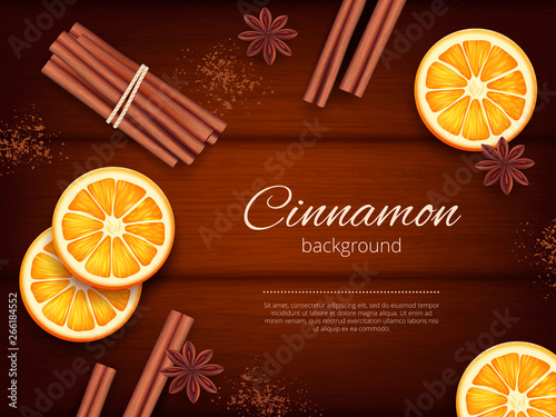 Cinnamon background. Advertizing pictures of herbs and species fresh aromatic cinnamon vector template. Aromatic cinnamon ingredient, natural spice aroma illustration