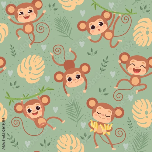 Monkey pattern. Wild little animals chimpanzee playing on jungle tree textile design project vector seamless cartoon background. Pattern with monkey chimpanzee, primate character illustration