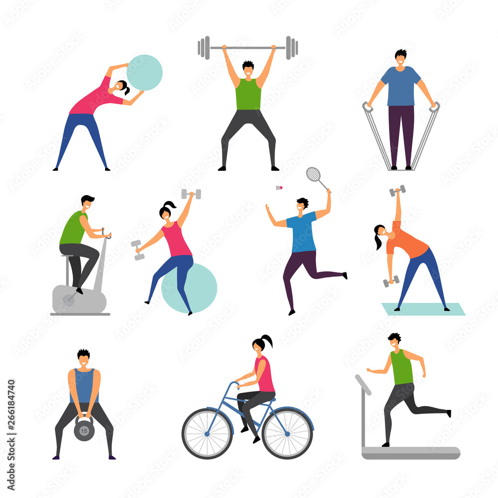 Sport activities. Characters outdoor making some exercises active