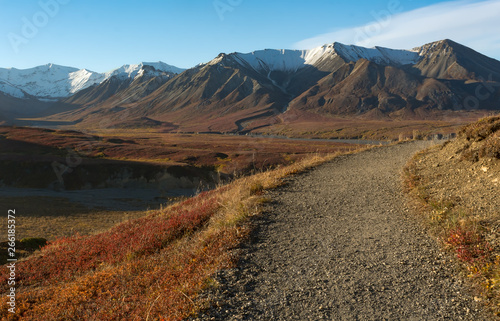 Gravel hiking trail bends off to the right away from a gravel river bed snaking across the valley below the Eielson visitor center in Denali National Park and Preserve © latitude59