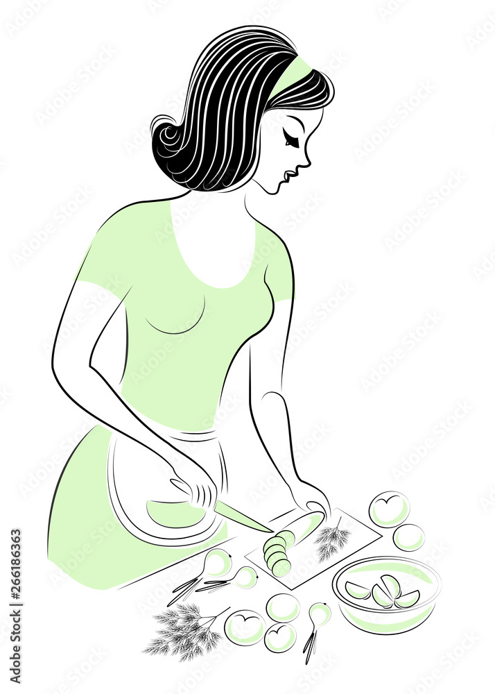 Profile of a beautiful woman. The girl is preparing food. A woman is cutting vegetables on a salad, cucumbers, tomatoes, onions. Vector illustration Profile of a beautiful woman. The girl is preparing food. A woman is cutting vegetables on a salad, cucumbers, tomatoes, onions. Vector illustration
