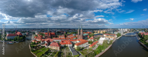 Panorama 360. The aerial view of Wroclaw: Ostrow Tumski, Cathedral of St. John the Baptist and Collegiate Church of the Holy Cross and St. Bartholomew 