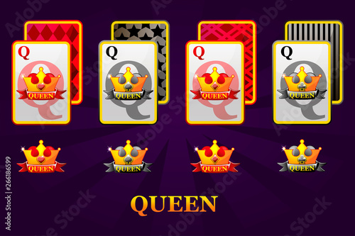 Set of four Queens playing cards suits for poker and casino. Set of hearts, spades, clubs and diamonds Queen. Icons on separate layers. © babysofja