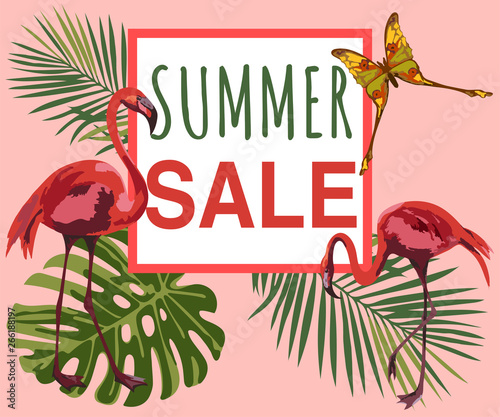 Summer sale banner with flamingo and tropical leaves background, exotic floral design for banner, flyer, invitation, poster, web site or greeting card. Vector illustration