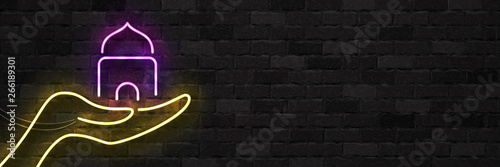 Vector realistic isolated neon sign of Ramadan Kareem logo with hand flyer for invitation decoration and template covering on the wall background.