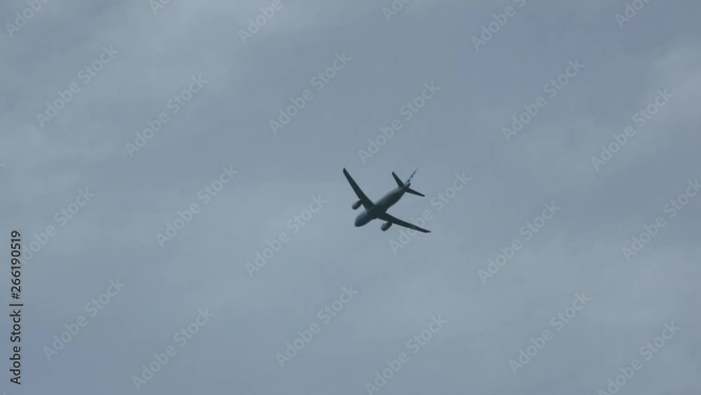 Plane flies overhead on departure through blue sky. Enters and leaves shot. Plane flies overhead on departure through blue sky. Enters and leaves shot.
