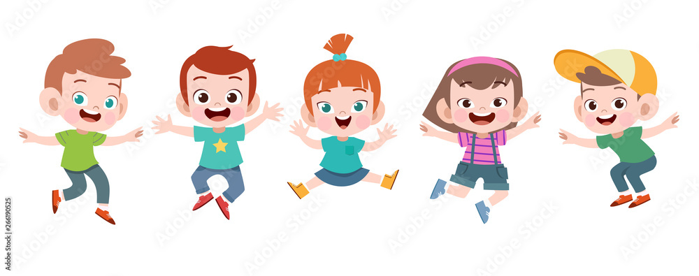 happy school kids jump vector illustration isolated
