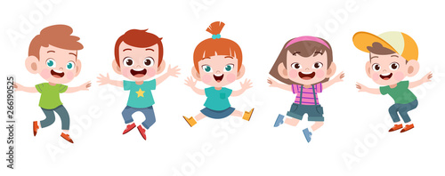 happy school kids jump vector illustration isolated