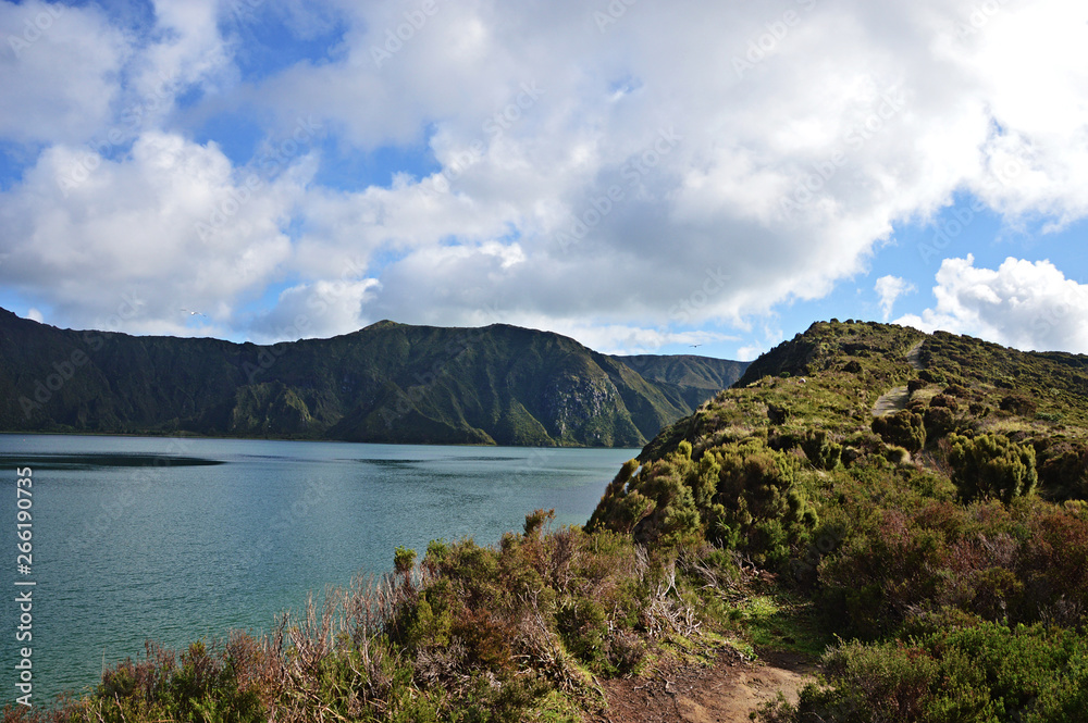 View of path along Lagoa do fogo lake on Sao Miguel island, Azores, Portugal