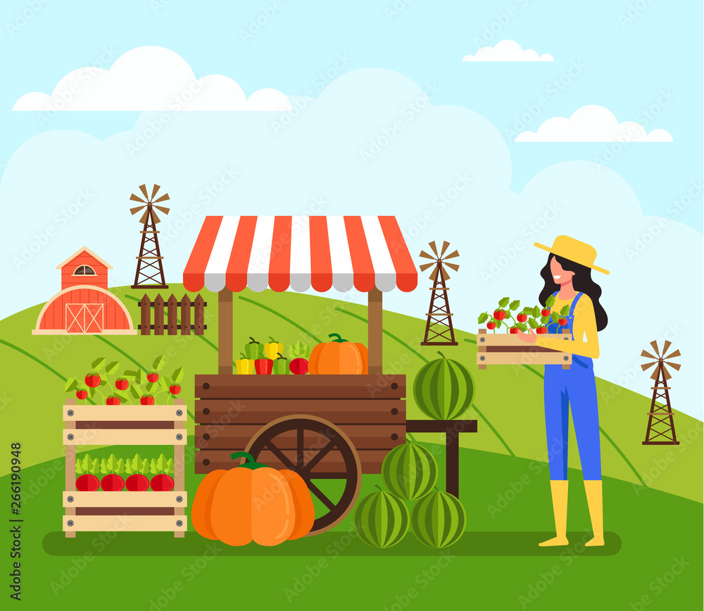 Obraz premium Woman farmer worker character sell vegetable. Farming agriculture concept. Vector flat cartoon graphic design illustration