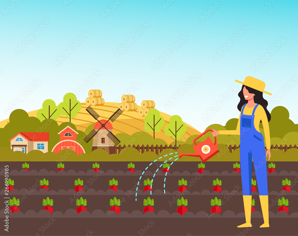 Woman farmer character watering plant. Farming agriculture concept. Vector  flat cartoon graphic design illustration Stock Vector | Adobe Stock