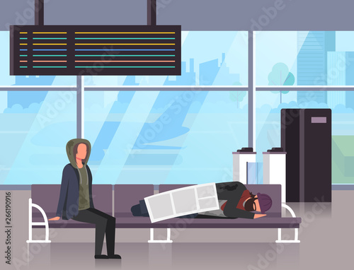 Two homeless people man and woman characters sleeping on airport railway station. Social homeless poverty concept. Vector flat cartoon graphic design illustration