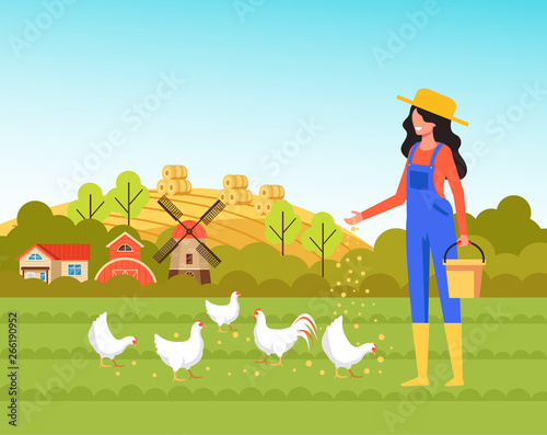 Woman farmer worker character feeding chickens. Farming agriculture concept. Vector flat cartoon graphic design illustration