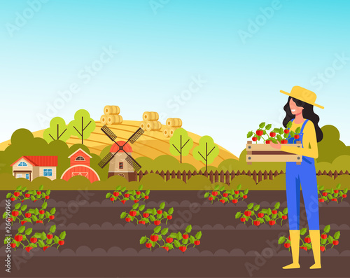 Woman farmer character holding box of plant. Farming agriculture concept. Vector flat cartoon graphic design illustration