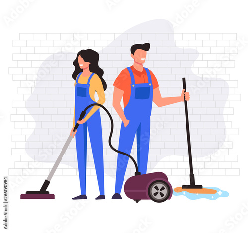 Man and woman workers character cleaning company service. Vector flat cartoon graphic design illustration