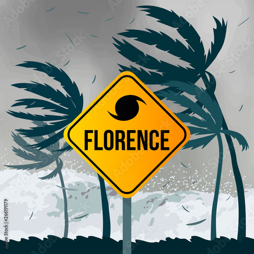 Tornado hurricane Florence, coming from the ocean. Huge waves on houses on the coast. Tropical disaster and a sign of catastrophe and warning. flat vector illustration