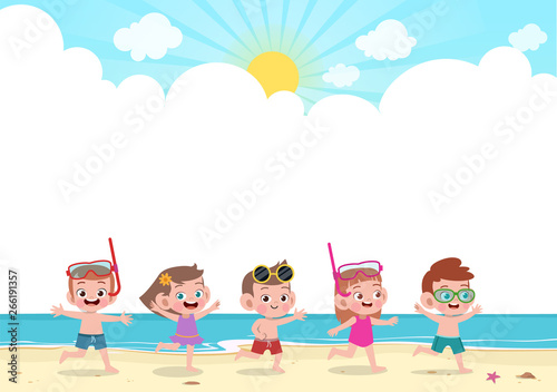 happy kids play at beach vector illustration